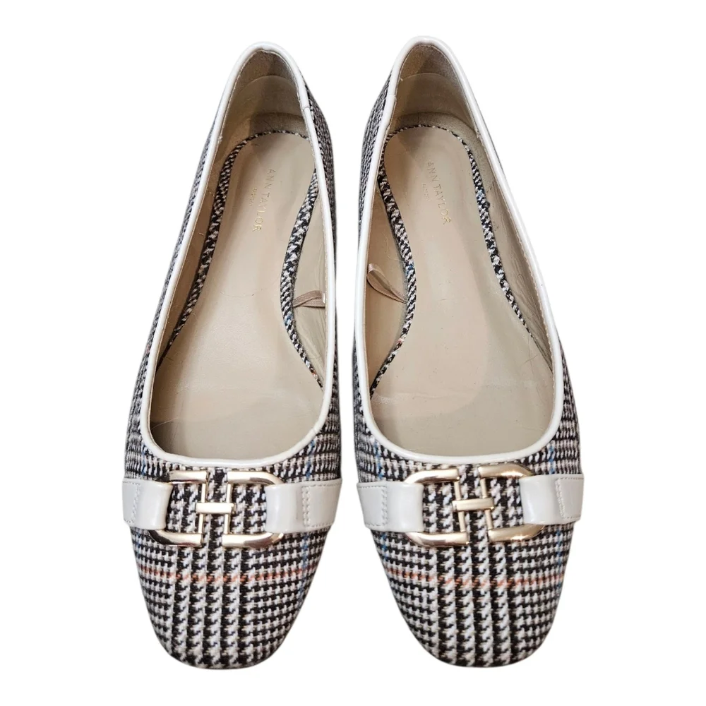 Ann Taylor Factory Plaid Ballet Flats Women's 6.5 Cream Brown Career